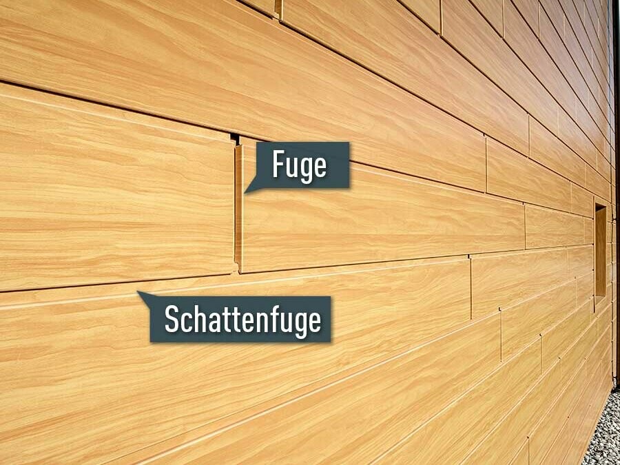 Darstellung der Sidings in Holz hell (Holzoptik) mit der PREFA Fuge und der Schattenfuge.