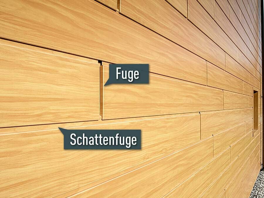 Darstellung der Sidings in Holz hell (Holzoptik) mit der PREFA Fuge und der Schattenfuge.