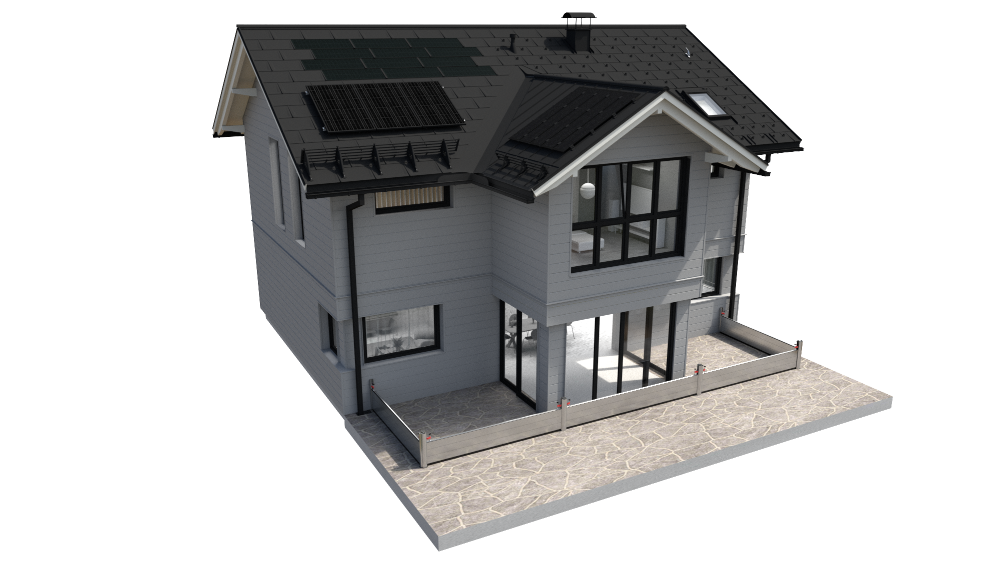 Sistema completo PREFA con tegola R.16, tegola fotovoltaica, modulo fotovoltaico PREFALZ, doga di rivestimento, sistemi smaltimento acque e dga