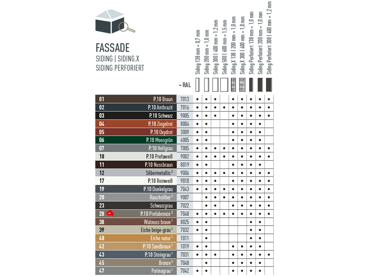 Farbtabelle, die zeigt in welchen Farben es PREFA Sidings und Siding.X gibt. PREFA Siding und Siding.X gibt es in verschiedenen P.10 und Standardfarben.