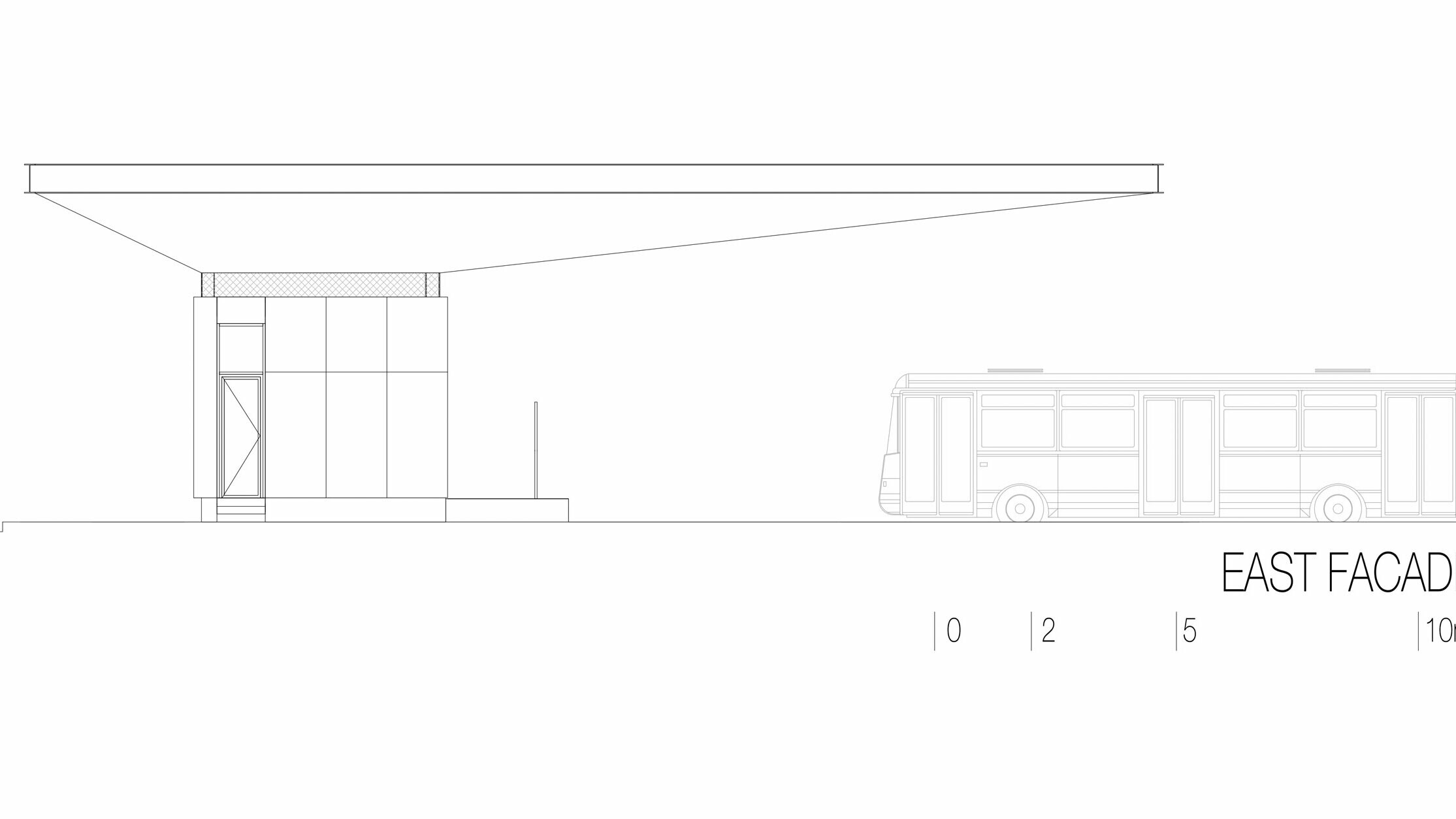 Il disegno mostra la vista est dell’autostazione ”Autobusni Kolodvor Slavonski Brod” in Croazia. L’illustrazione mette in risalto la struttura sottile e orizzontale del tetto bianco Prefalz di PREFA, che corre lungo tutta la lunghezza dell’edificio. Sotto il tetto si trova una struttura rettangolare dalle linee chiare e dalle ampie superfici vetrate. Sul lato destro del disegno è visibile un autobus, che sottolinea le proporzioni della stazione rispetto a un veicolo. La vista est evidenzia l’architettura moderna e funzionale della stazione, che crea un’atmosfera luminosa e invitante grazie all’uso di vetro e alluminio.