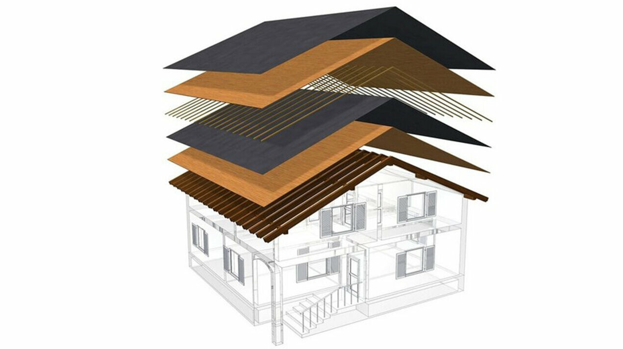 Technische Darstellung eines Dachaufbaus eines Kaltdaches, mehrschaliger Dachaufbau mit Lattung, Vollschalung, Trennlage, Dachstuhl; Dachboden kann als Wohnraum genutzt werden; zweischaliger Dachaufbau, belüftete Dachkonstruktion; Konterlattung