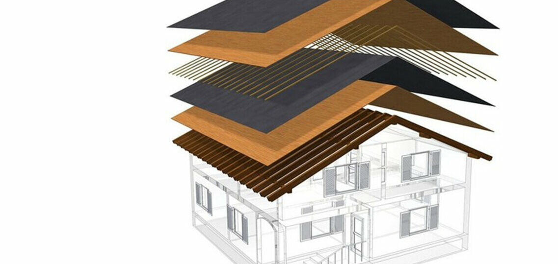 Rappresentazione tecnica della struttura di un tetto ventilato, struttura del tetto multistrato con listelli, tavolato completo, strato di separazione, orditura; il sottotetto può essere utilizzato come spazio abitabile; struttura di copertura a due strati; costruzione del tetto ventilata; controlistello