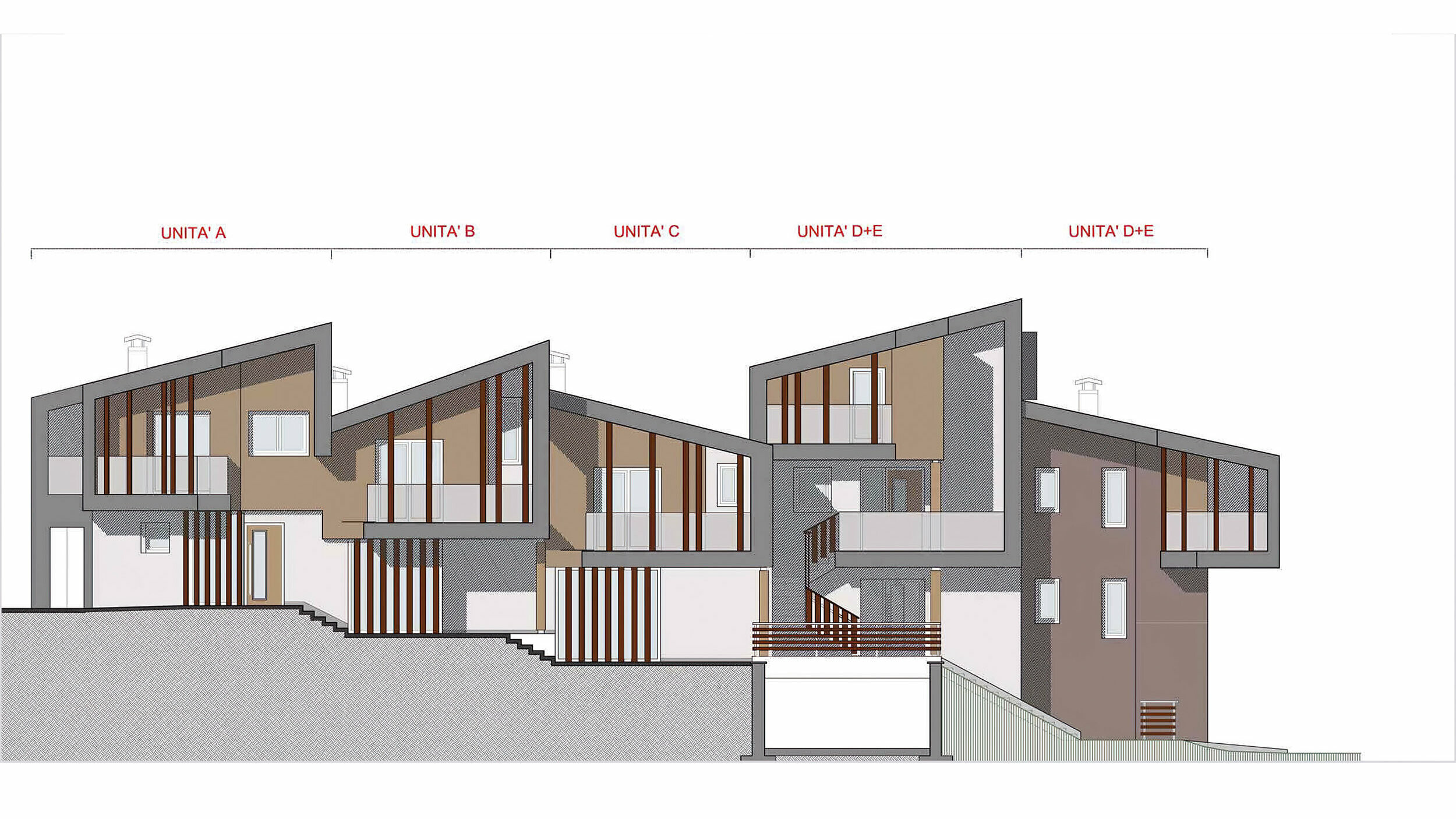 Dessin technique d’un complexe résidentiel moderne comprenant différents logements, caractérisé par des façades variées dans des tons bruns et gris, de grandes baies vitrées avec des boiseries et des lignes épurées qui établissent un lien harmonieux avec le paysage environnant.