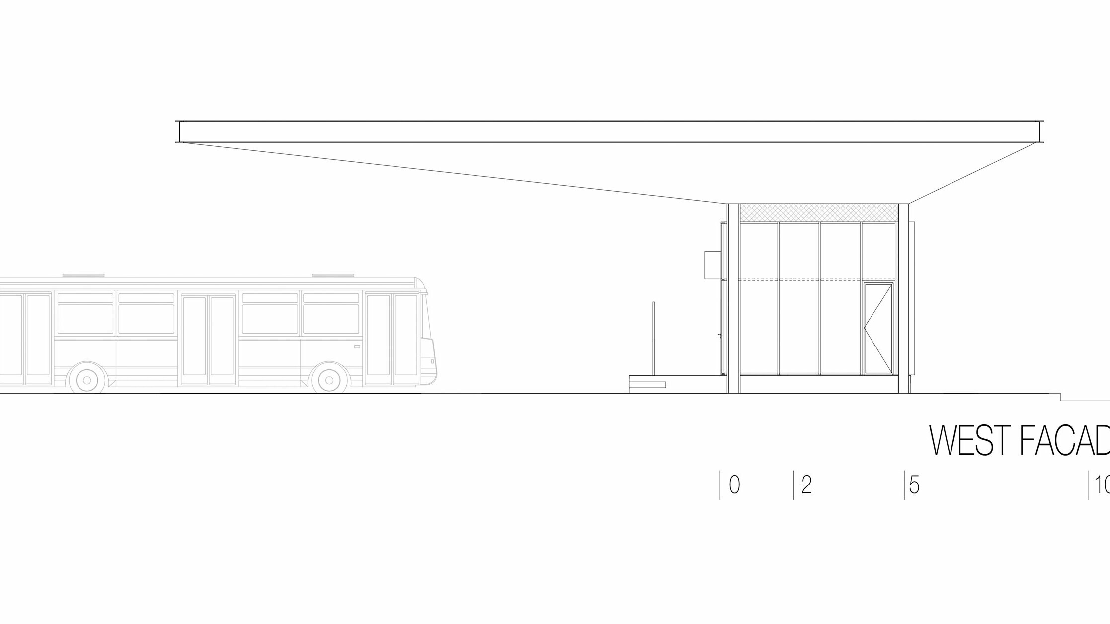 Il disegno mostra la vista ovest dell’autostazione ”Autobusni Kolodvor Slavonski Brod” in Croazia. L’illustrazione mette in risalto il lungo tetto bianco orizzontale PREFA Prefalz, che sporge sull’area sottostante. A destra del disegno si trova un edificio rettangolare con ampie superfici vetrate e linee chiare. A sinistra si trova un autobus, che testimonia le proporzioni della fermata rispetto a un veicolo. La vista ovest sottolinea l’architettura moderna e funzionale della stazione, che crea un’atmosfera luminosa e invitante grazie alla combinazione di vetro e alluminio.