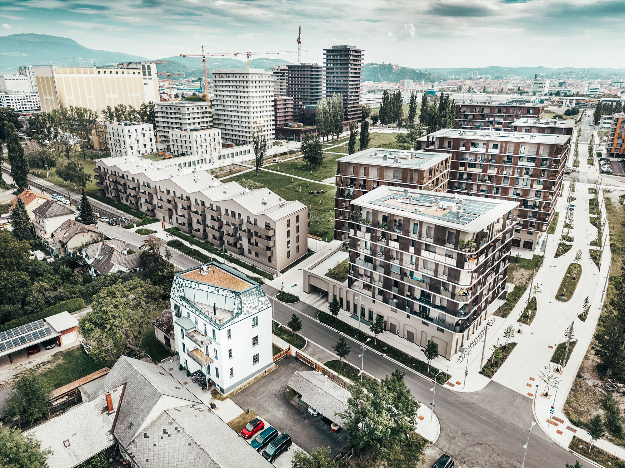 Überblicksaufnahme vom Reininghausquartier mit sämtlichen Neubauten.