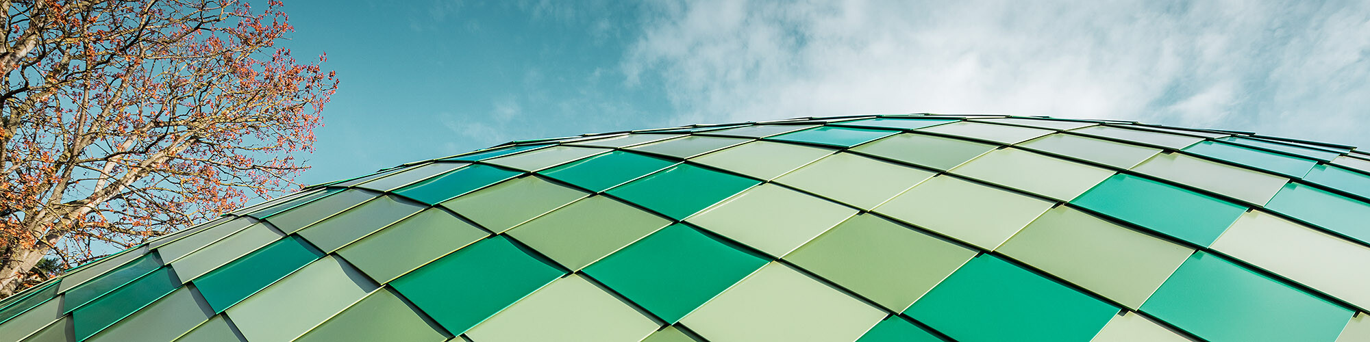 Nahaufnahme der mehrfach gekrümmten Aluminiumfassade in drei verschiedenen Grüntönen von PREFA, der Himmel und ein Baum sind im Hintergrund sichtbar.