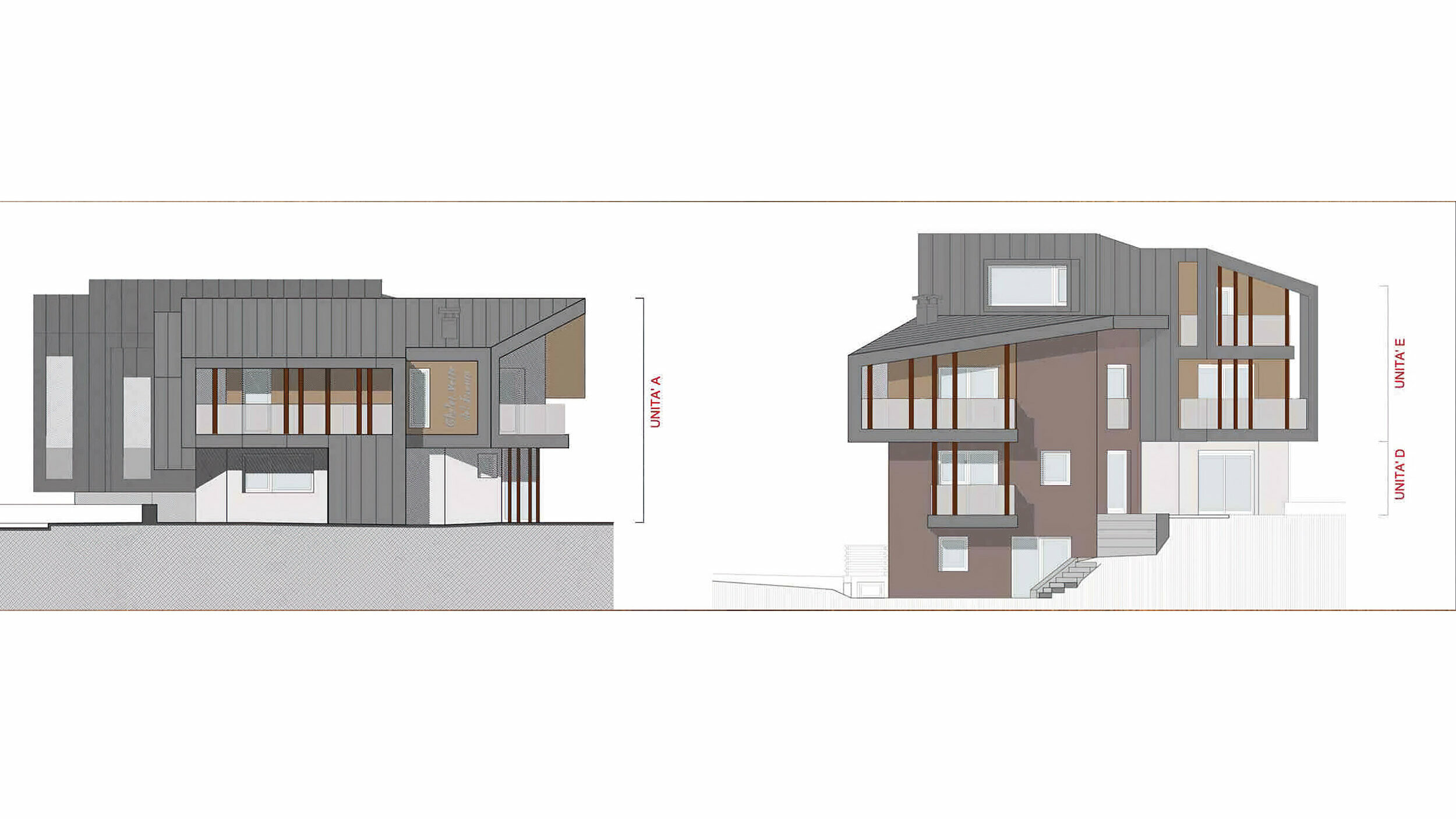 Dessin architectural d’un bâtiment d’habitation à plusieurs étages avec des niveaux décalés, représenté en vue latérale et frontale. La structure associe des tons gris foncé et bruns à des éléments originaux en bois au niveau des fenêtres, ce qui souligne l’aspect moderne et le design dynamique de la construction.