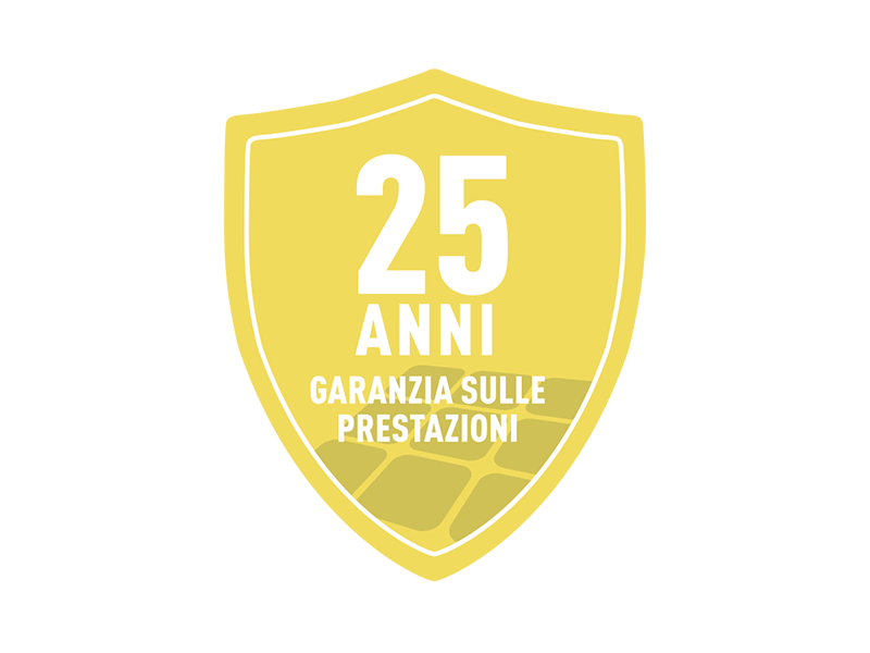 Logo di garanzia giallo per la garanzia sulle prestazioni di 25 anni della tegola fotovoltaica PREFA e del modulo fotovoltaico PREFALZ.