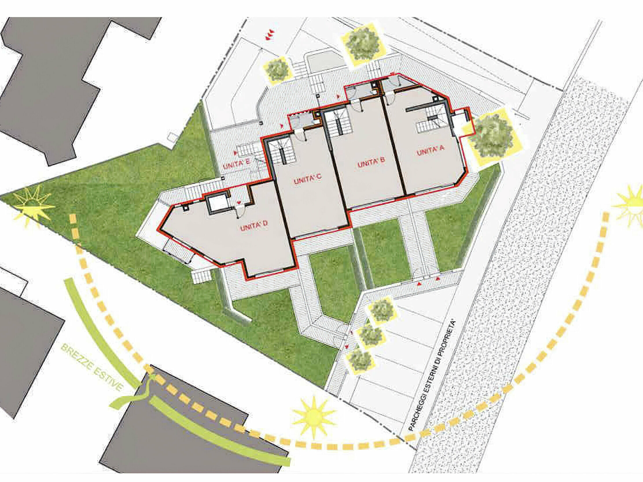 Le plan architectural vu du dessus montre la disposition de cinq logements reliés entre eux, avec des points d’accès bien identifiés. Ils sont entourés d’éléments d’aménagement paysager, de chemins piétons et d’une route. Le plan prend en compte les points cardinaux et l’ensoleillement.